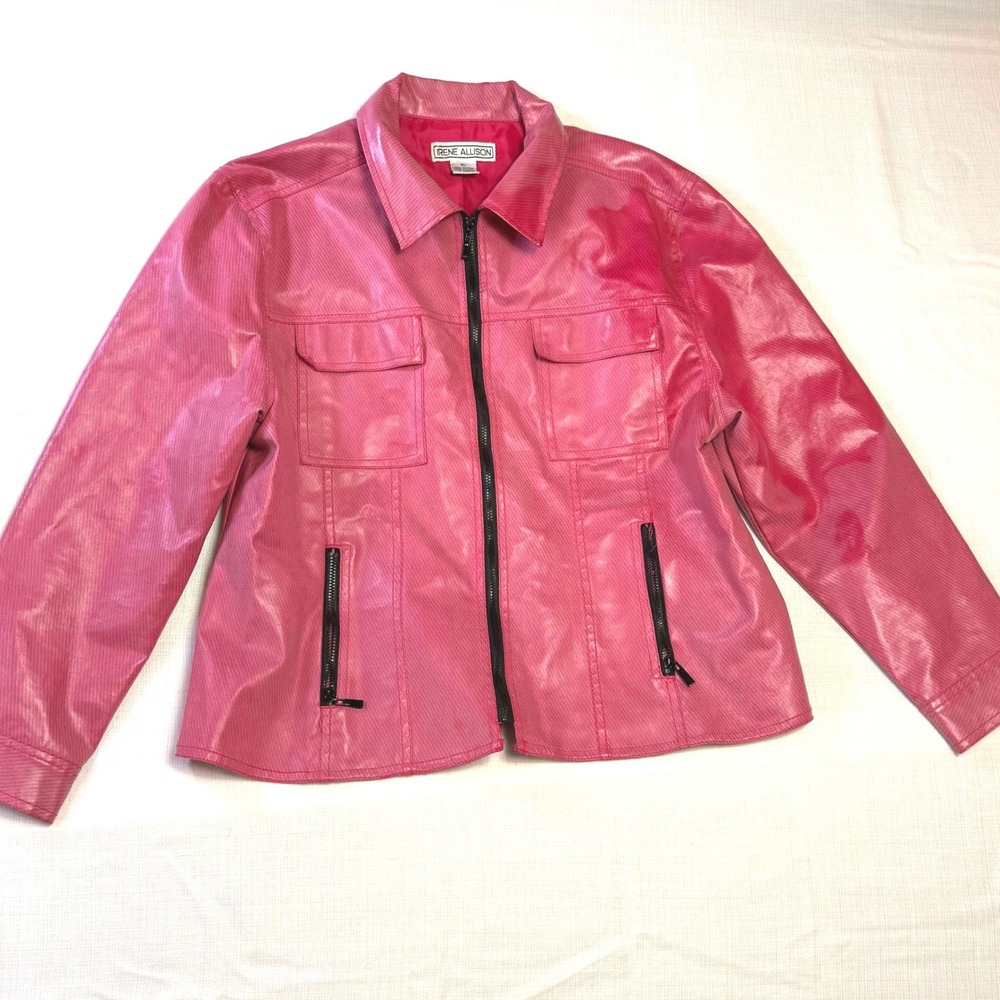 Irene Allison Pink Ribbed‎ Metallic Zipper Pocket Jacket Women XL